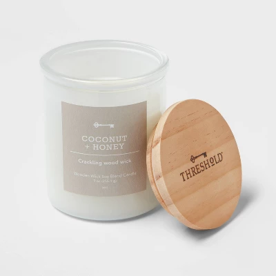 9oz Milky White Glass Woodwick Candle With Wood Lid And Stamped Logo Coconut And Honey - Threshold™ 2 9oz Milky White Glass Woodwick Candle With Wood Lid And Stamped Logo Coconut And Honey - Threshold™ - Image 2