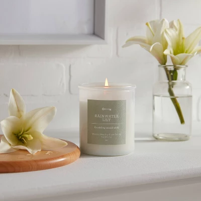 9oz Milky White Glass Woodwick Candle With Wood Lid And Stamped Logo Rainwater Lily - Threshold™ 1 9oz Milky White Glass Woodwick Candle With Wood Lid And Stamped Logo Rainwater Lily - Threshold™