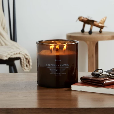 23oz XL 3-Wick Leather + Embers Wooden Amber Glass With Wood Lid And Stamped Logo Amber - Threshold™ 1 23oz XL 3-Wick Leather + Embers Wooden Amber Glass With Wood Lid And Stamped Logo Amber - Threshold™