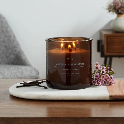 23oz XL 3-Wick Vanilla + Bergamot Wooden Amber Glass With Wood Lid And Stamped Logo Amber - Threshold™ 1 23oz XL 3-Wick Vanilla + Bergamot Wooden Amber Glass With Wood Lid And Stamped Logo Amber - Threshold™
