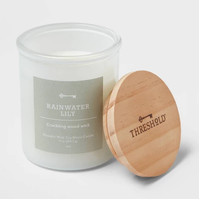9oz Milky White Glass Woodwick Candle With Wood Lid And Stamped Logo Rainwater Lily - Threshold™ 2 9oz Milky White Glass Woodwick Candle With Wood Lid And Stamped Logo Rainwater Lily - Threshold™ - Image 2